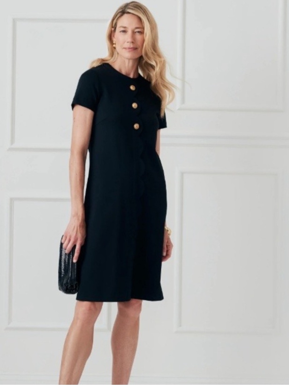 J. McLaughlin Florence Black Dress with Gold Buttons, Scallop detail, Medium